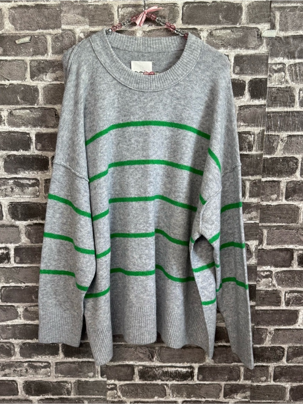 NWT Aerie unreal sweater Gray green stripe fuzzy
